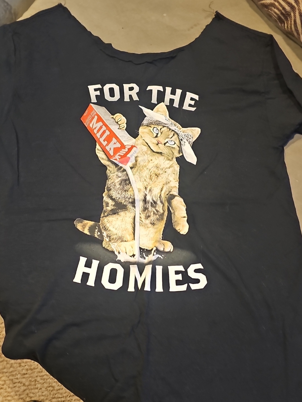 Off Shoulder Cat Graphic Tee - Black "For The Homies"